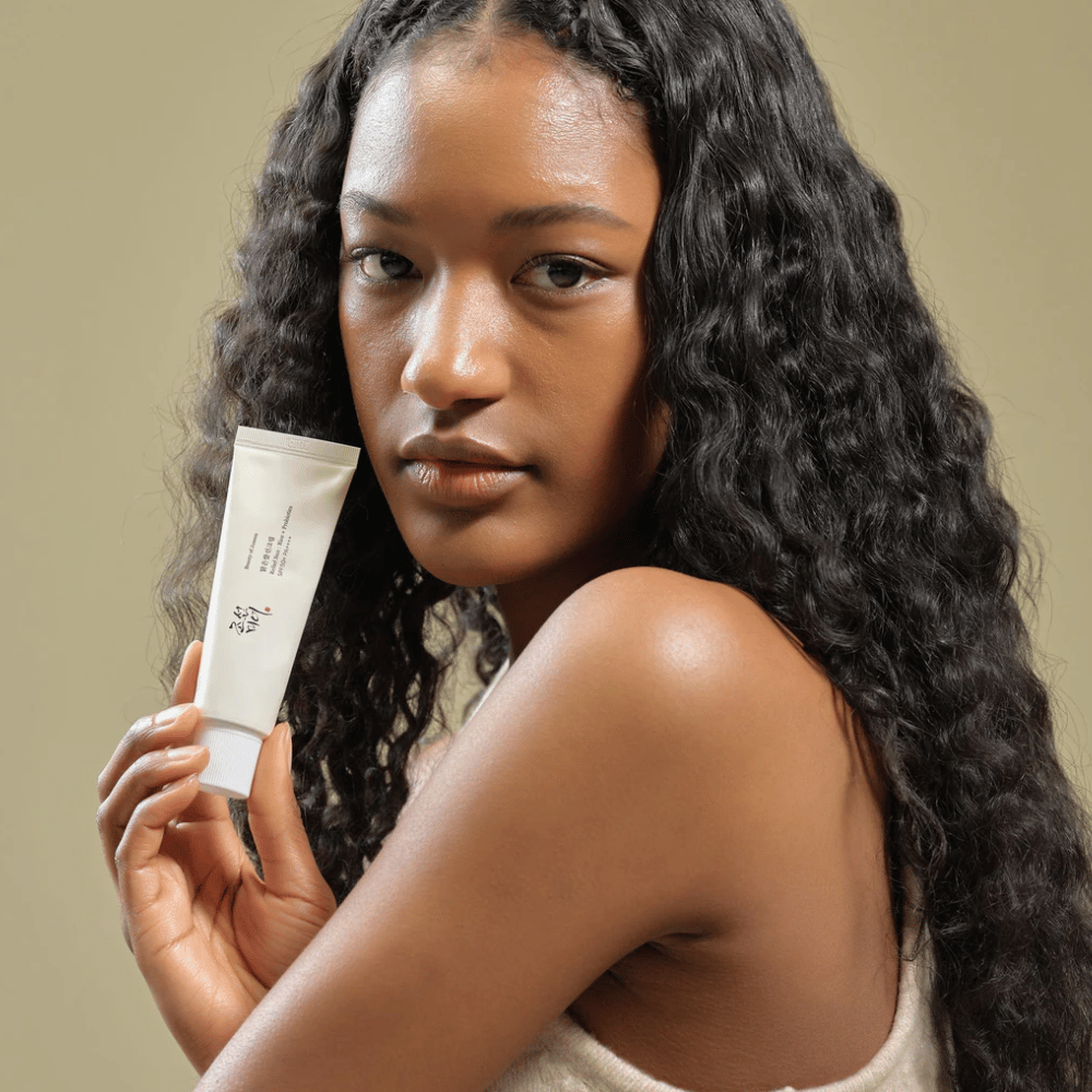 Beauty of Joseon Relief Sun SPF50+ PA++++ 50ml – Korean sunscreen with rice extract and probiotics, shown in use for natural skincare.