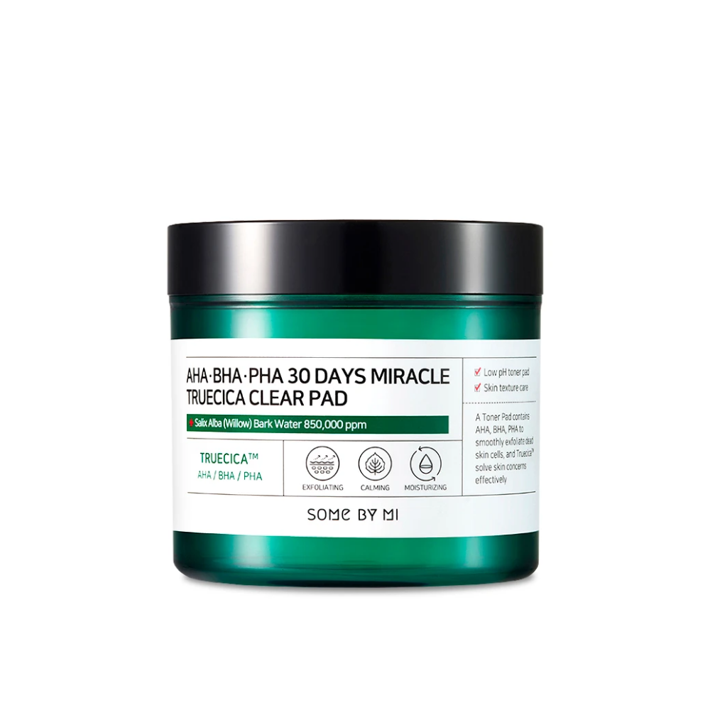 A white container with a green lid filled with Some By Mi's AHA, BHA, PHA 30 Days Miracle Truecica Clear Pad 70 pcs for combating acne outbreaks.