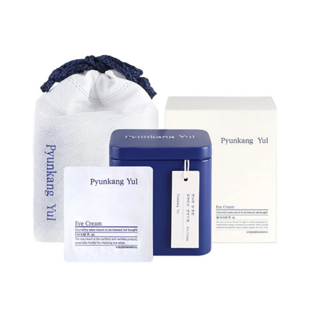 A package with a blue bag and a white box for Pyunkang Yul Eye Cream 1ml x 50pcs.