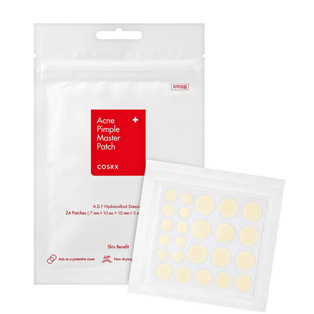 A white package with a white label on it, with COSRX Acne Pimple Master Patch (1pack x 24 patches) to treat acne and pimples with hydrocolloid technology.