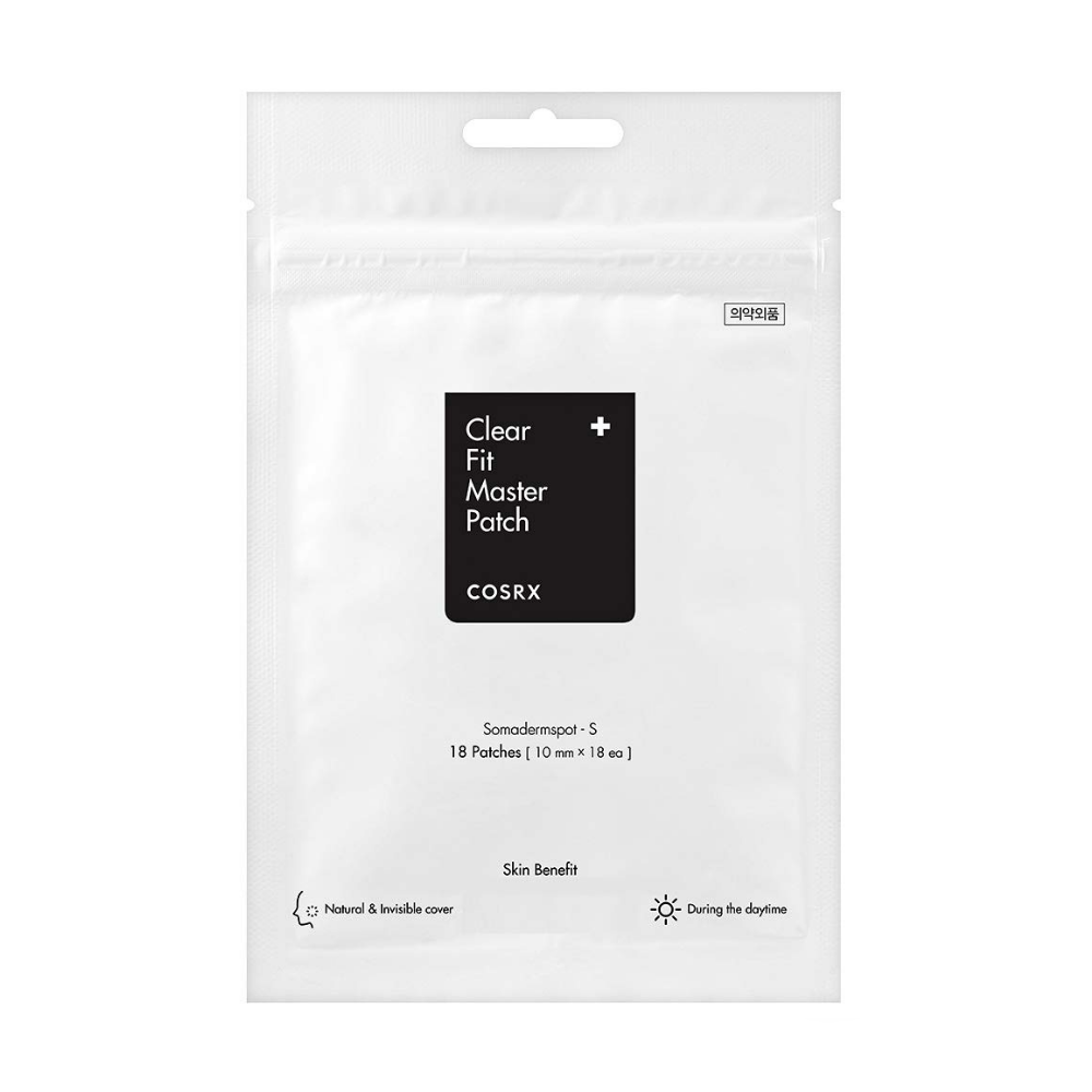 A COSRX Clear Fit Master Patch 18 pieces on a white background targeting pimples.