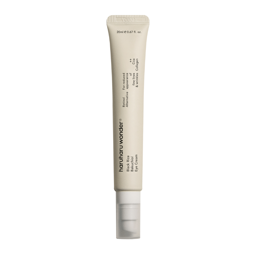 A tube Haruharu Wonder Black Rice Bakuchiol Eye Cream 20ml on a white background to reduce the visibility of fine lines and wrinkles.