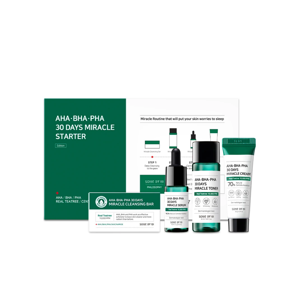A set of SOME BY MI AHA, BHA, PHA 30 Days Miracle Starter Limited Set with a green box.