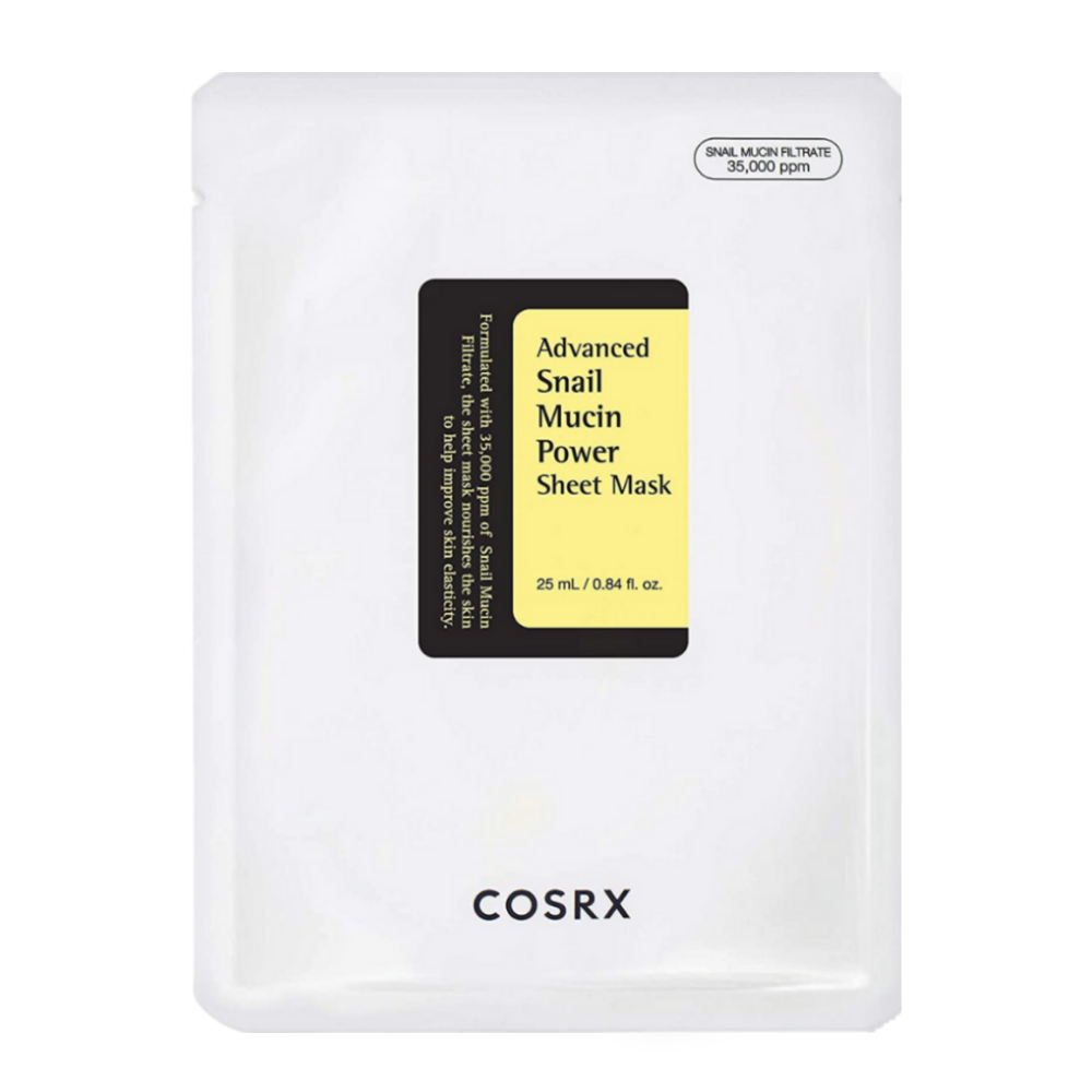 COSRX Advanced Snail Mucin Power Sheet Mask in white packaging with black and yellow label, enriched with 35,000 ppm snail secretion for hydration, repair, and improved skin elasticity.