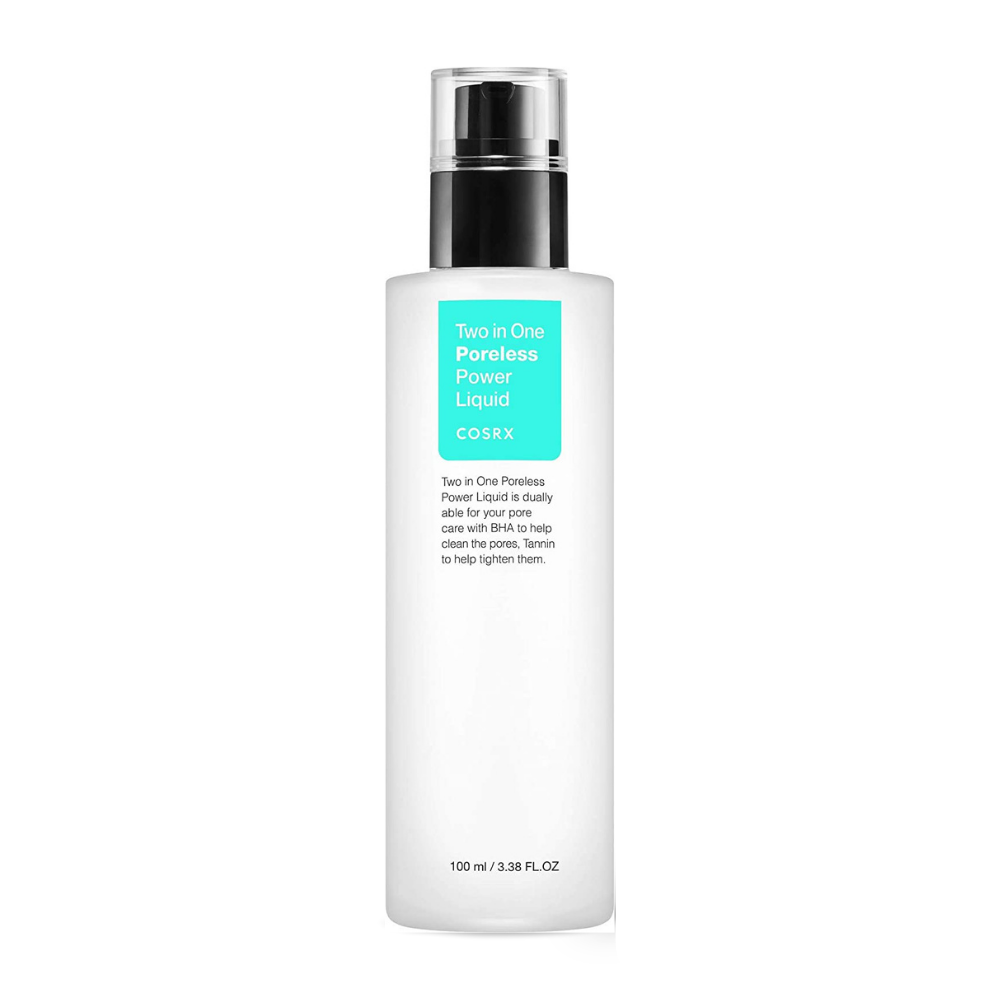 A bottle COSRX Two In One Poreless Power Liquid 100ml, designed for oily skin, is displayed on a white background.