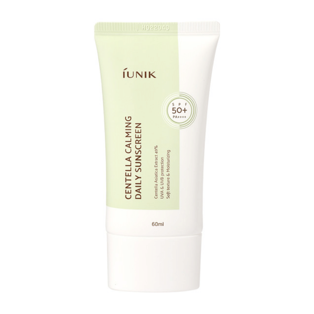 A tube iUNIK Centella Calming Daily Sunscreen 60ml with SPF 50+ and protection against UVA and UVB rays on a white background.